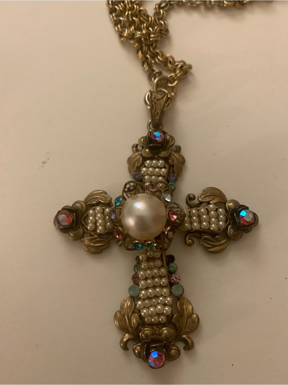 Gold-Tone Cross Pendant Necklace with Faux Pearl & Multicolor Stones